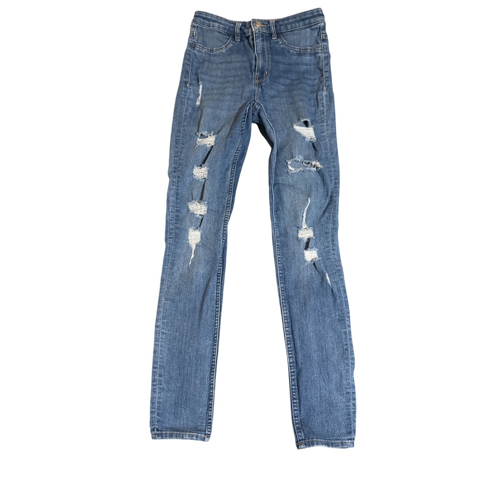 H&M Divided Women‎ Skinny Jeans SZ 4 Medium Wash Distressed High Rise Button Zip